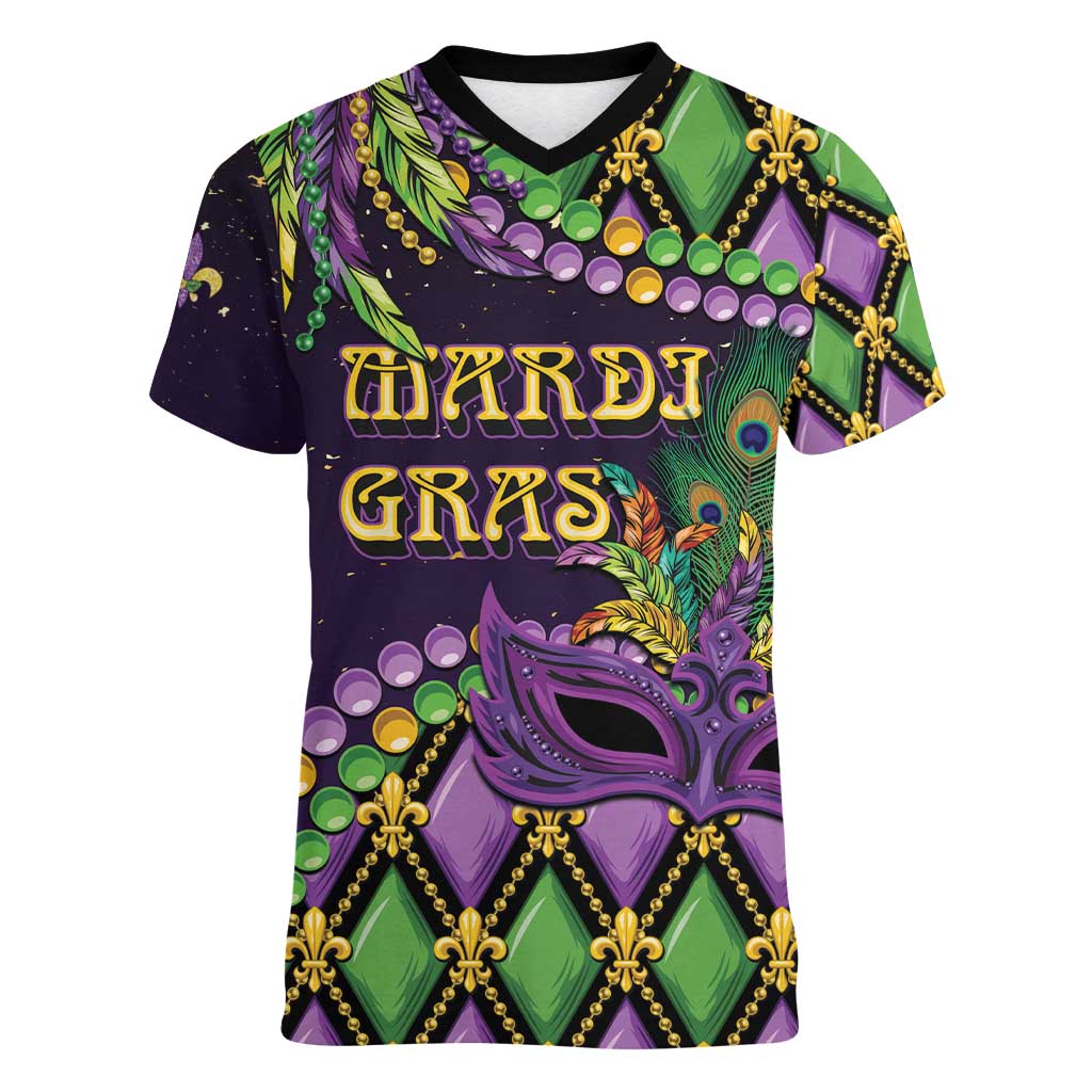 Personalized Mardi Gras Women V-Neck T-Shirt Luxury Mask Fleur De Lis