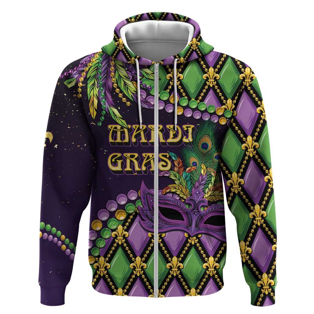 Personalized Mardi Gras Zip Hoodie Luxury Mask Fleur De Lis