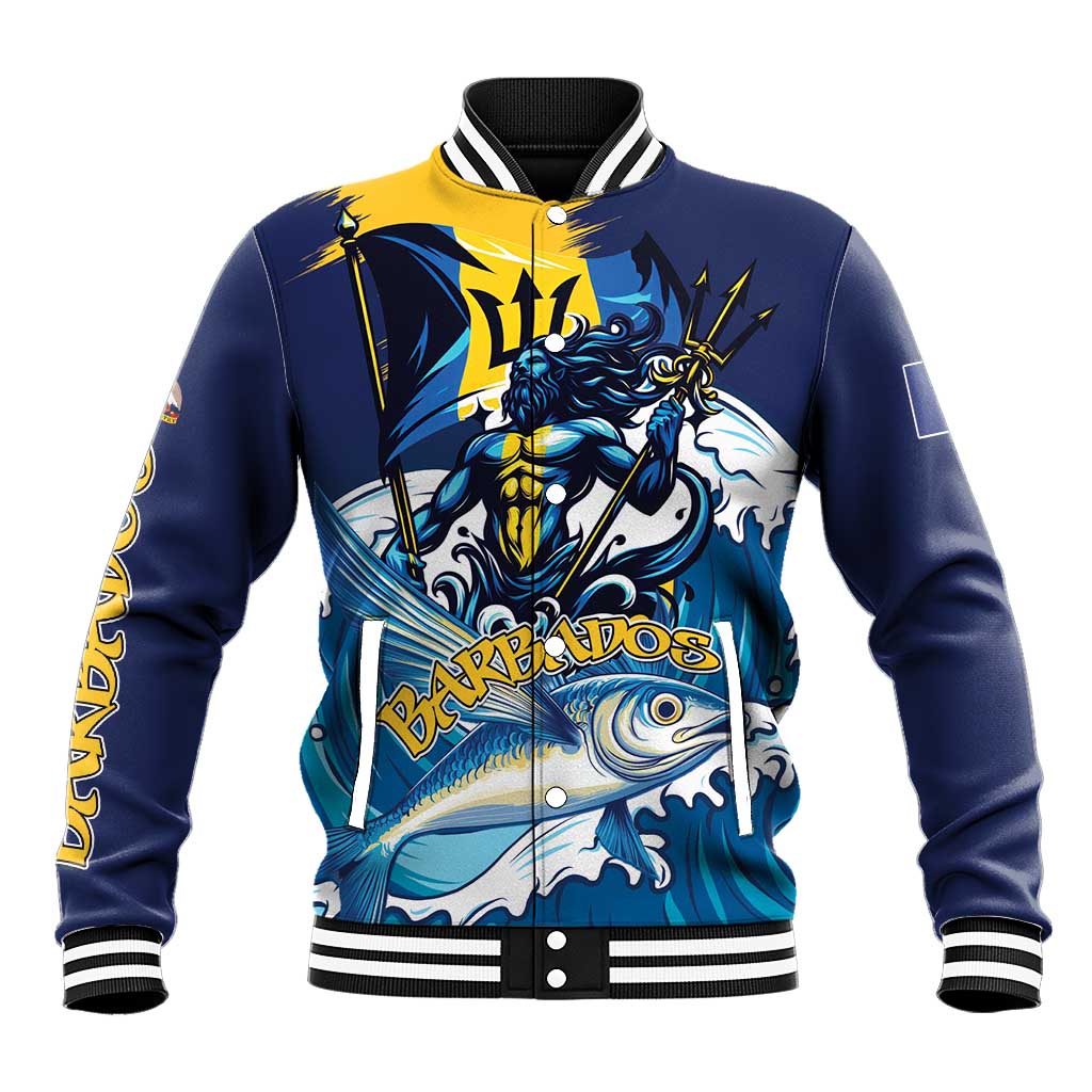 Blue baseball jacket with ribbed striped collar, cuffs, and front snap buttons; ocean graphic