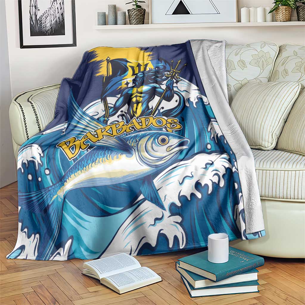 Blue ocean-themed blanket with flying fish and trident emblem graphic, folded over sofa