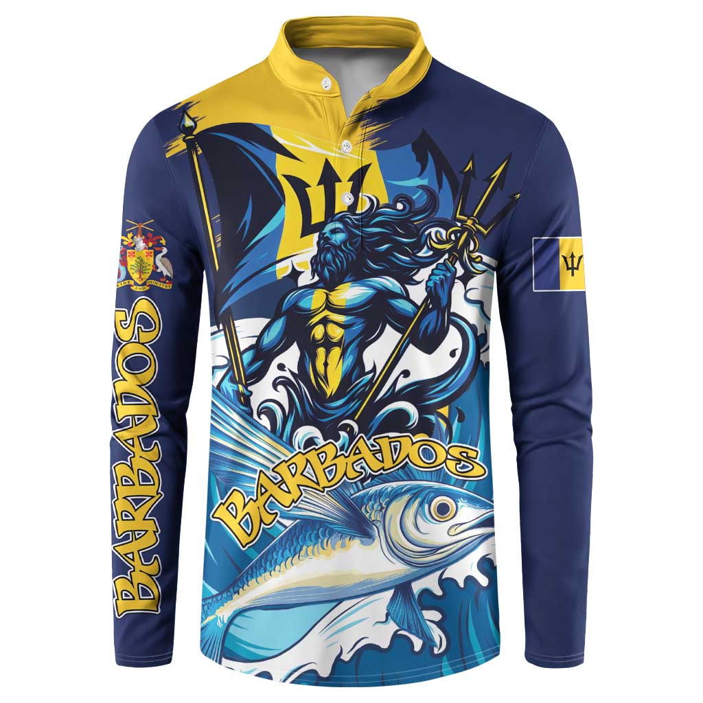 Blue button sweatshirt with yellow collar, dragon and flying fish graphic