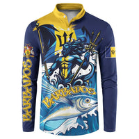 Blue button sweatshirt with yellow collar, dragon and flying fish graphic