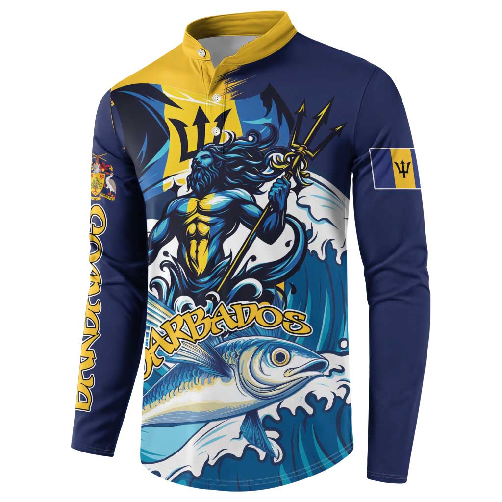 Blue button sweatshirt with yellow collar, dragon, fish, and Barbados logo print