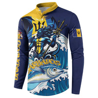 Blue button sweatshirt with yellow collar, dragon, fish, and Barbados logo print