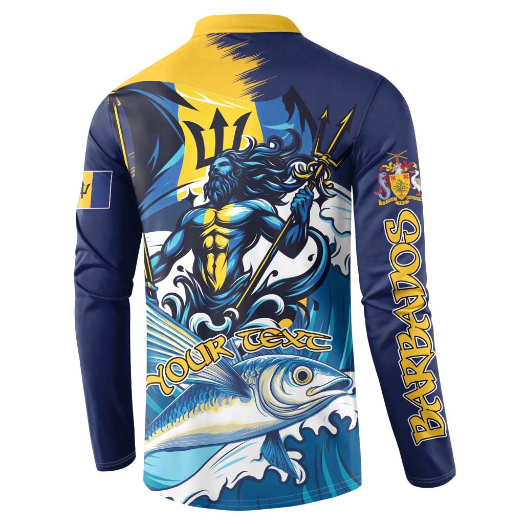 Blue button sweatshirt with yellow collar, back dragon artwork and Barbados text