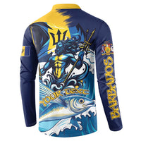 Blue button sweatshirt with yellow collar, back dragon artwork and Barbados text