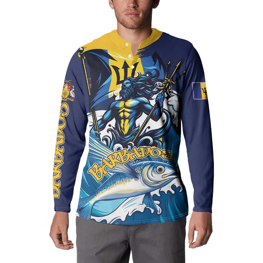 Men's blue button sweatshirt with yellow collar, dragon and flying fish Barbados print