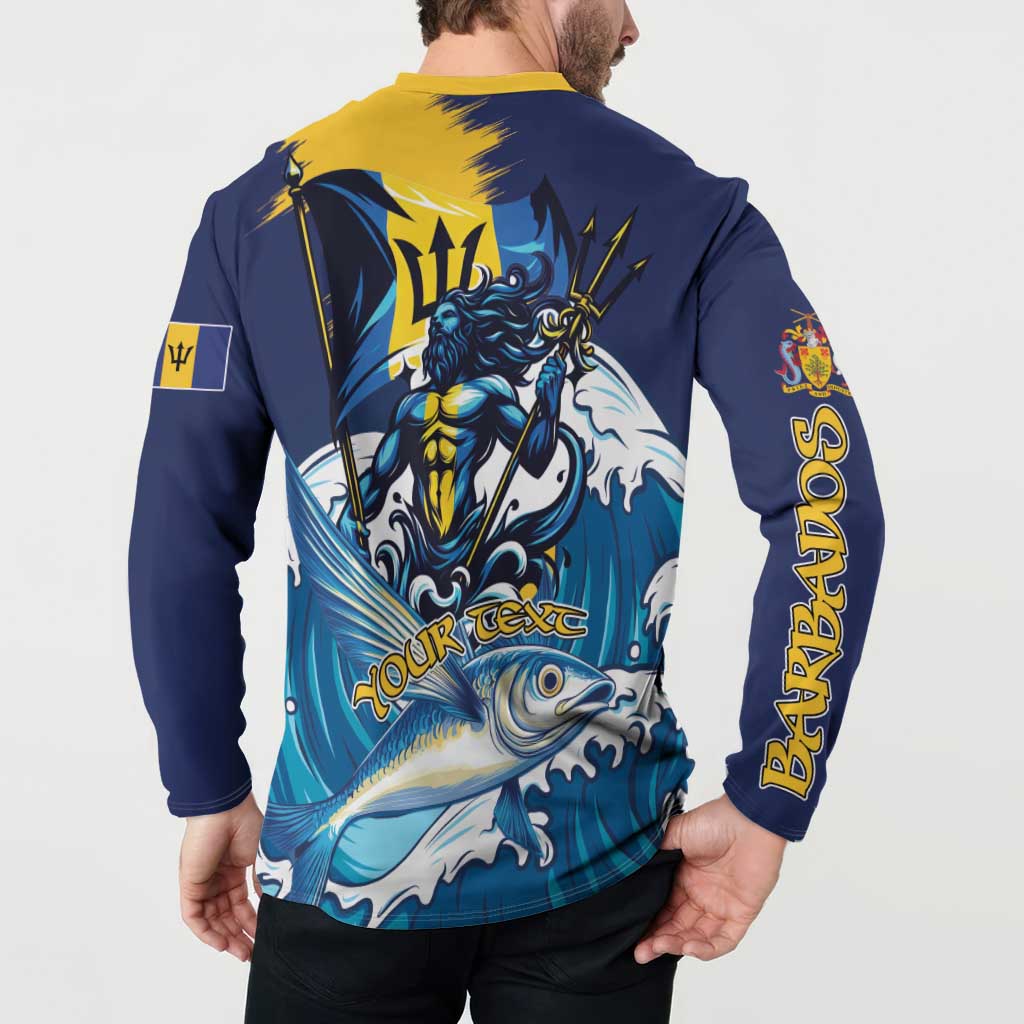 Men's blue button sweatshirt with yellow collar, back dragon art and Barbados sleeve text