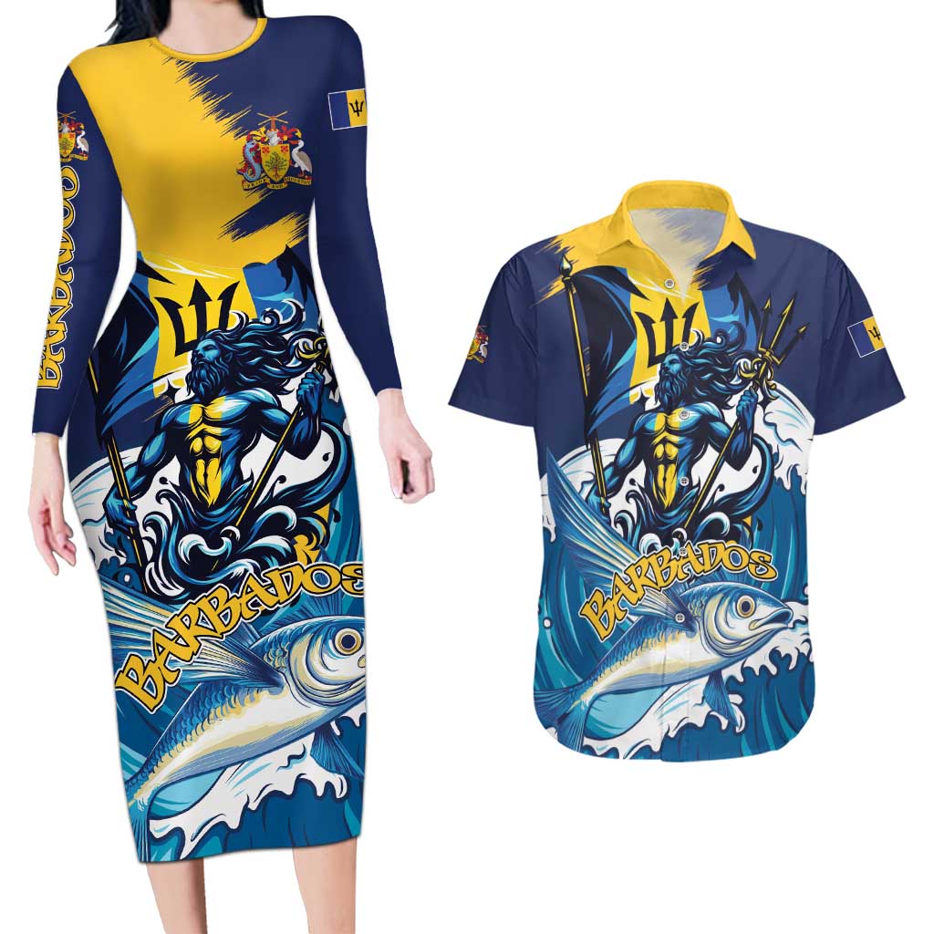 Personalized Barbados God Of The Sea Couples Matching Long Sleeve Bodycon Dress and Hawaiian Shirt Bajan Flying Fish Special Version - Wonder Print Shop