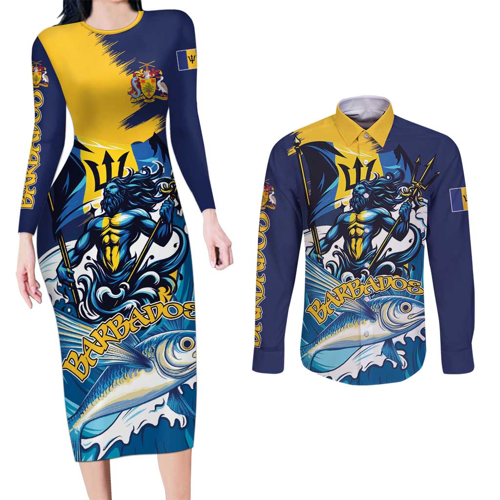 Personalized Barbados God Of The Sea Couples Matching Long Sleeve Bodycon Dress and Long Sleeve Button Shirt Bajan Flying Fish Special Version - Wonder Print Shop