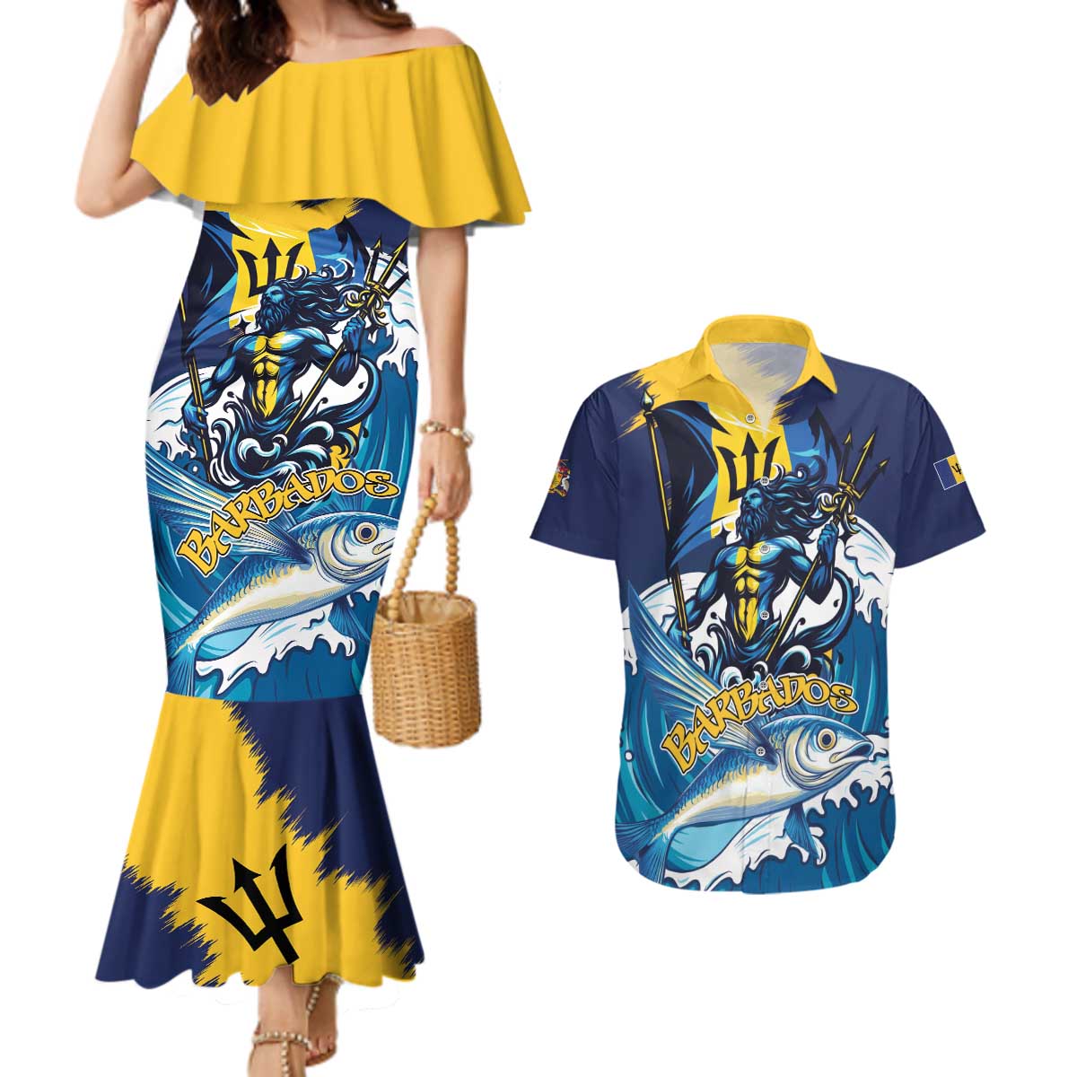 Personalized Barbados God Of The Sea Couples Matching Mermaid Dress and Hawaiian Shirt Bajan Flying Fish Special Version - Wonder Print Shop