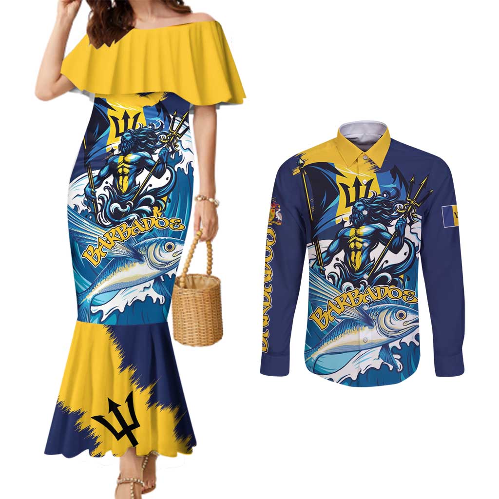 Personalized Barbados God Of The Sea Couples Matching Mermaid Dress and Long Sleeve Button Shirt Bajan Flying Fish Special Version