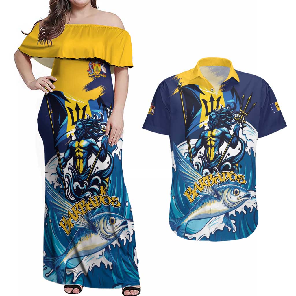 Personalized Barbados God Of The Sea Couples Matching Off Shoulder Maxi Dress and Hawaiian Shirt Bajan Flying Fish Special Version - Wonder Print Shop