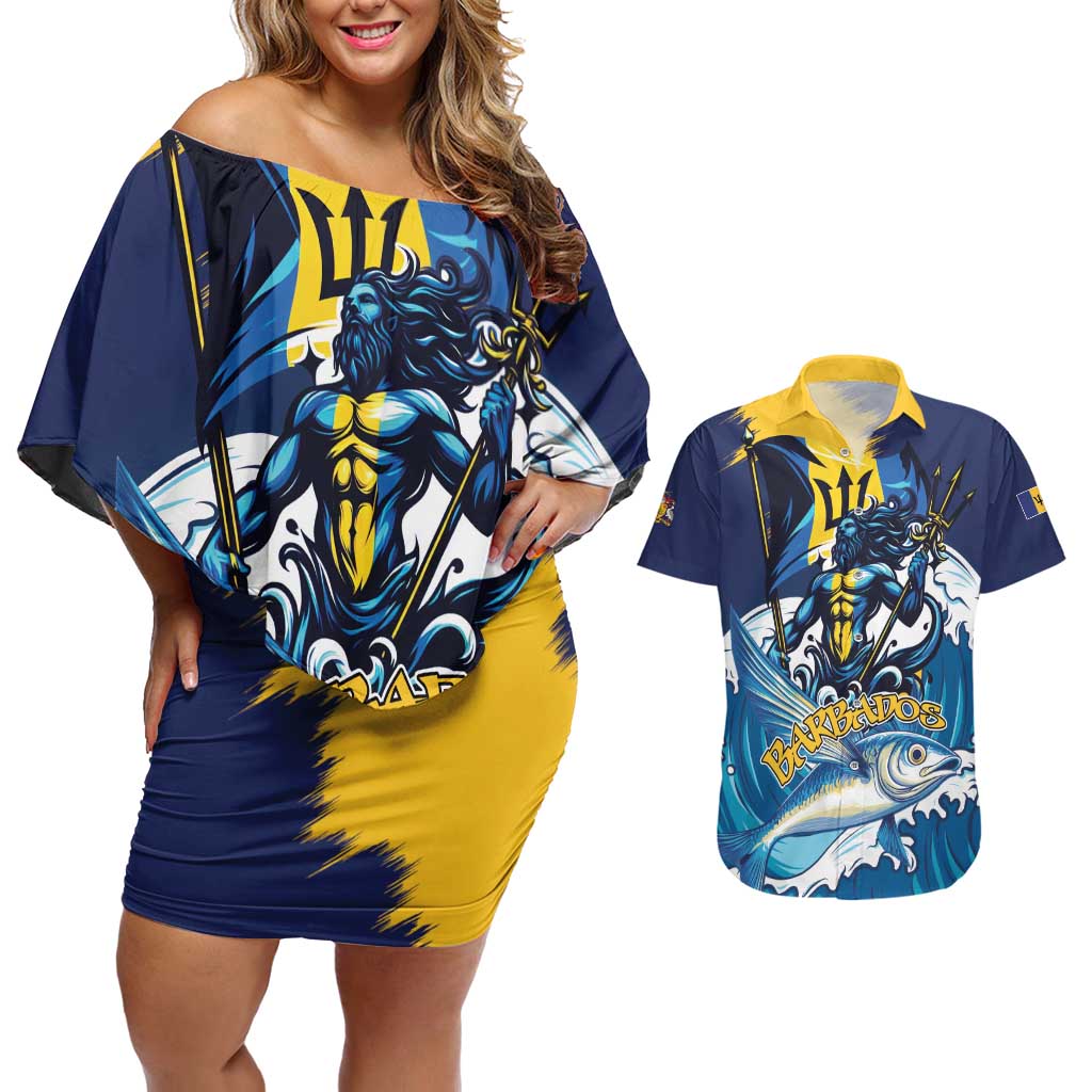 Personalized Barbados God Of The Sea Couples Matching Off Shoulder Short Dress and Hawaiian Shirt Bajan Flying Fish Special Version - Wonder Print Shop