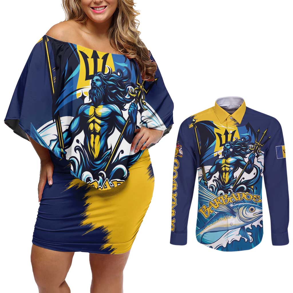 Personalized Barbados God Of The Sea Couples Matching Off Shoulder Short Dress and Long Sleeve Button Shirt Bajan Flying Fish Special Version - Wonder Print Shop