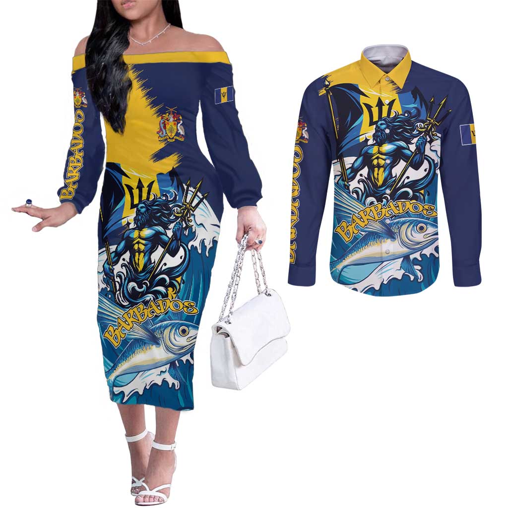 Personalized Barbados God Of The Sea Couples Matching Off The Shoulder Long Sleeve Dress and Long Sleeve Button Shirt Bajan Flying Fish Special Version