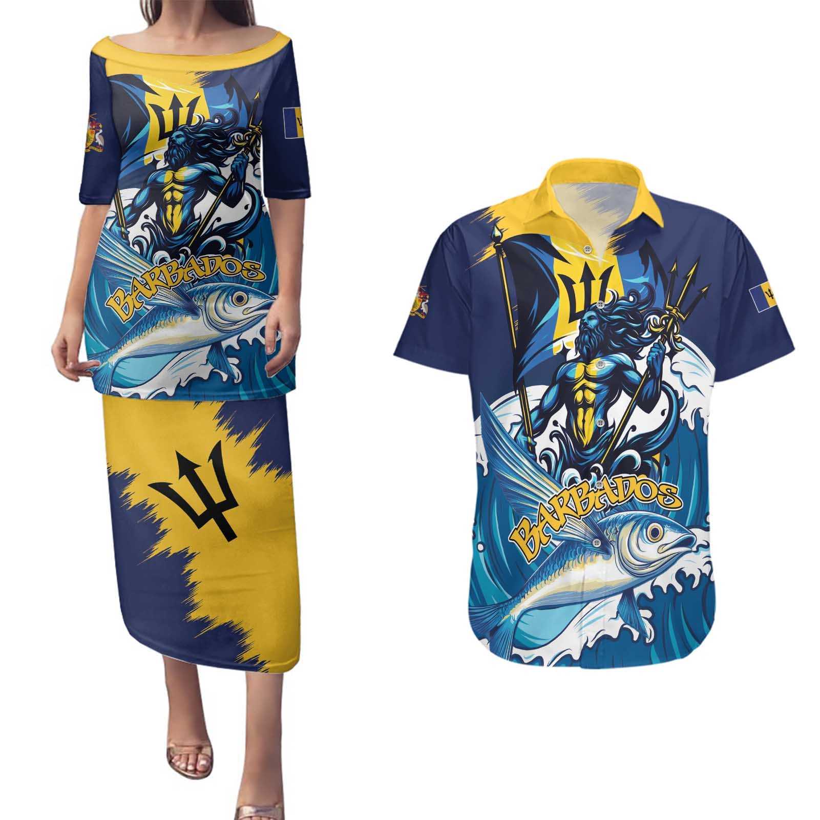 Personalized Barbados God Of The Sea Couples Matching Puletasi and Hawaiian Shirt Bajan Flying Fish Special Version - Wonder Print Shop