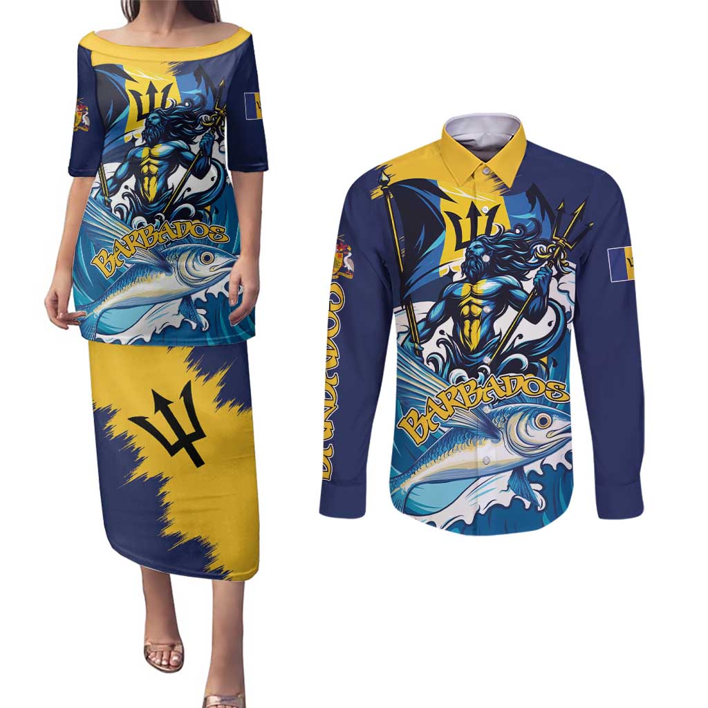 Personalized Barbados God Of The Sea Couples Matching Puletasi and Long Sleeve Button Shirt Bajan Flying Fish Special Version - Wonder Print Shop