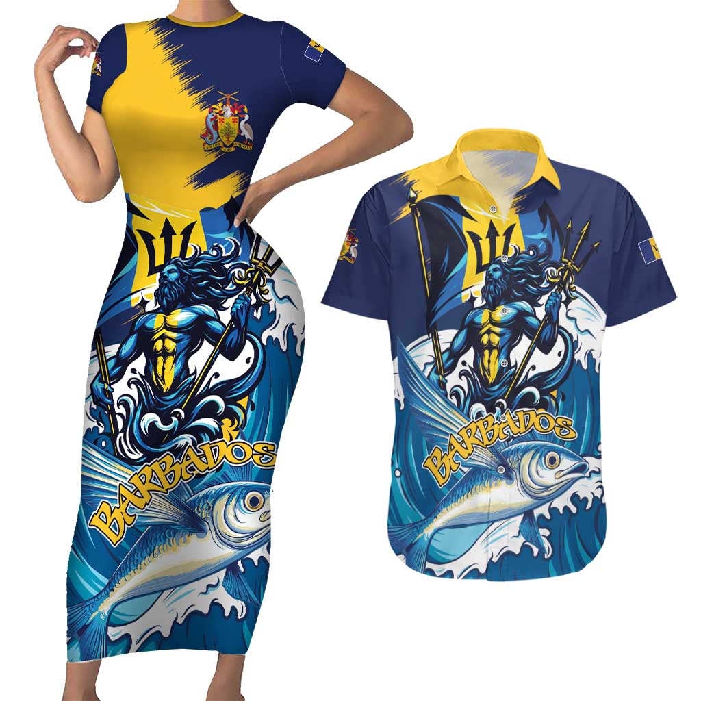 Personalized Barbados God Of The Sea Couples Matching Short Sleeve Bodycon Dress and Hawaiian Shirt Bajan Flying Fish Special Version - Wonder Print Shop