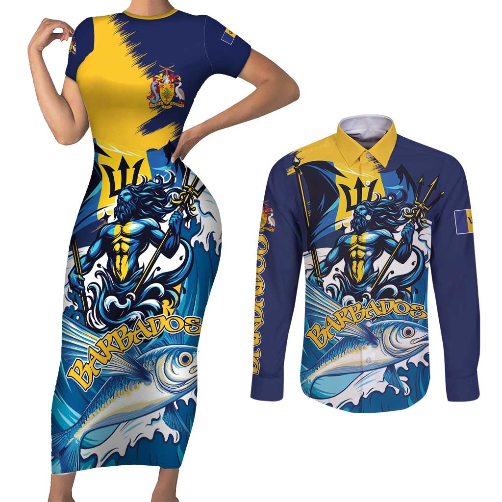 Personalized Barbados God Of The Sea Couples Matching Short Sleeve Bodycon Dress and Long Sleeve Button Shirt Bajan Flying Fish Special Version - Wonder Print Shop