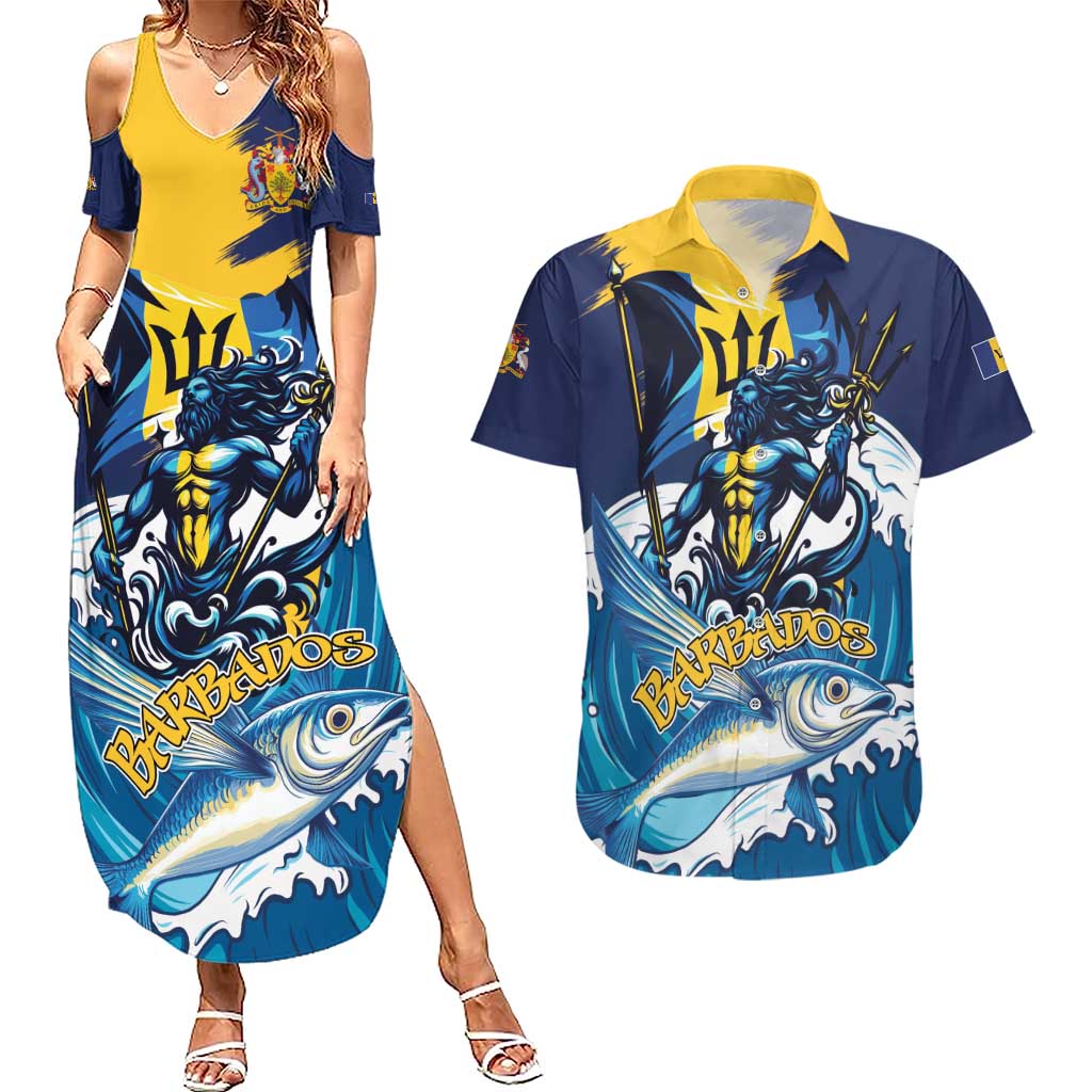 Personalized Barbados God Of The Sea Couples Matching Summer Maxi Dress and Hawaiian Shirt Bajan Flying Fish Special Version - Wonder Print Shop