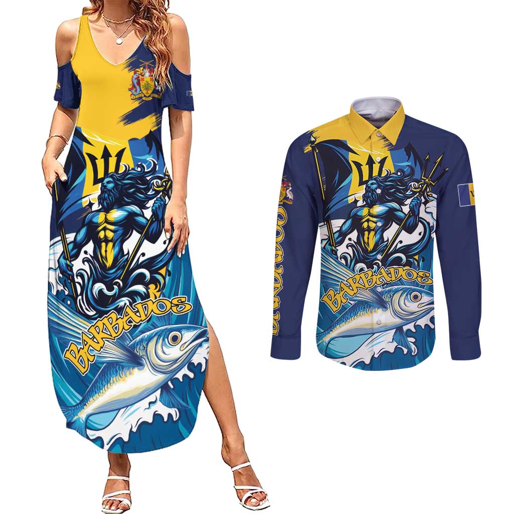 Personalized Barbados God Of The Sea Couples Matching Summer Maxi Dress and Long Sleeve Button Shirt Bajan Flying Fish Special Version - Wonder Print Shop