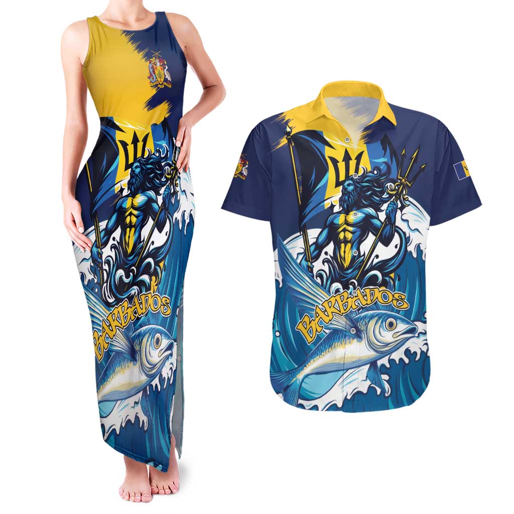 Personalized Barbados God Of The Sea Couples Matching Tank Maxi Dress and Hawaiian Shirt Bajan Flying Fish Special Version - Wonder Print Shop