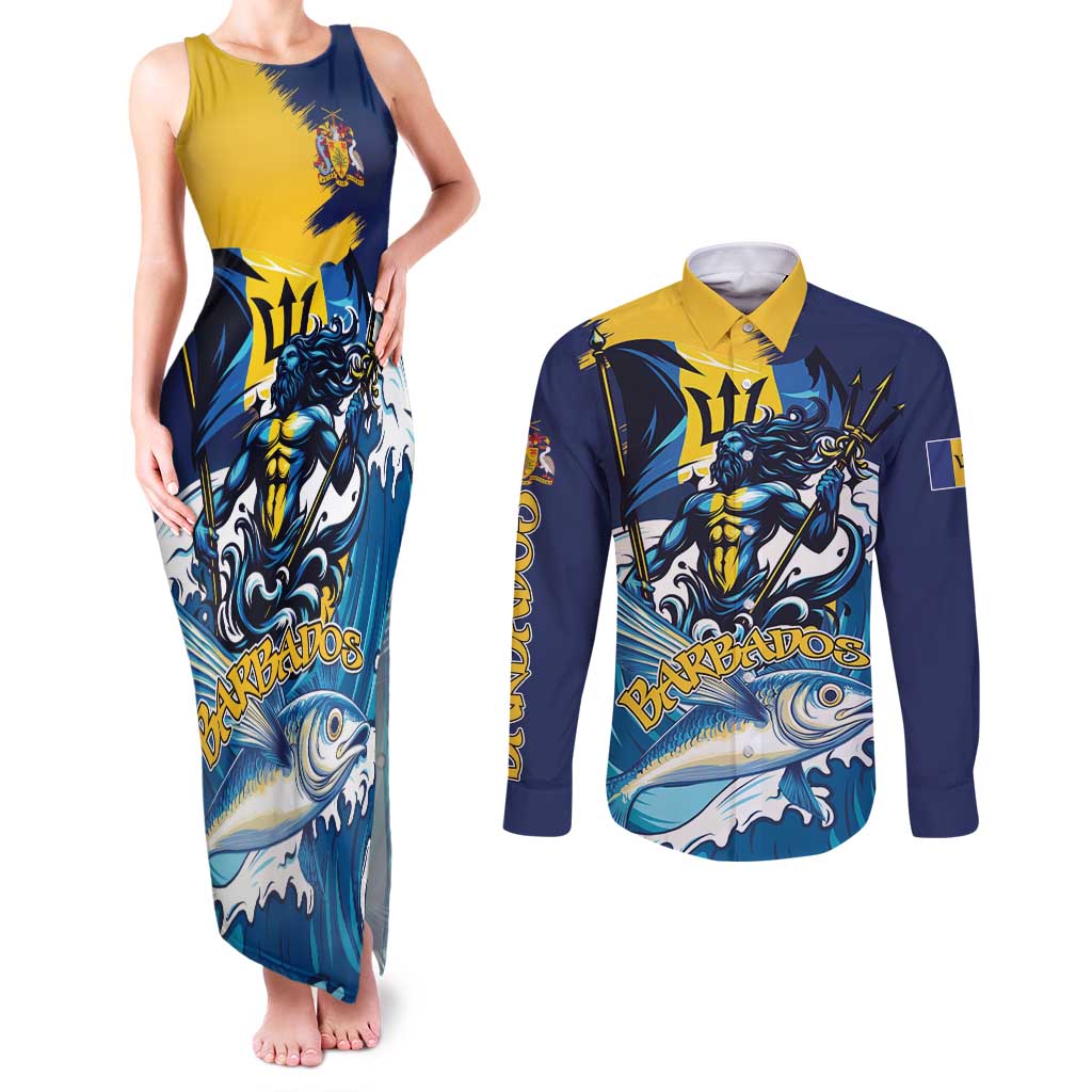 Personalized Barbados God Of The Sea Couples Matching Tank Maxi Dress and Long Sleeve Button Shirt Bajan Flying Fish Special Version - Wonder Print Shop