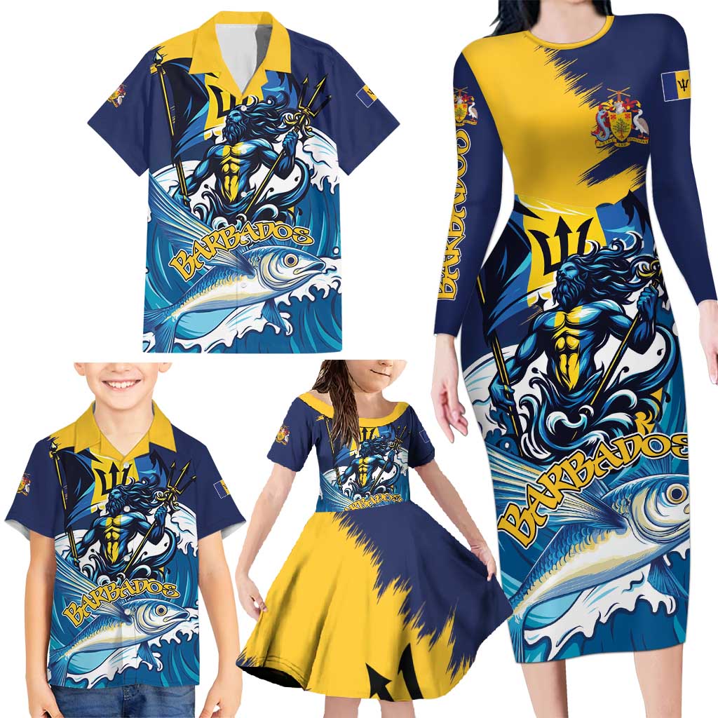 Personalized Barbados God Of The Sea Family Matching Long Sleeve Bodycon Dress and Hawaiian Shirt Bajan Flying Fish Special Version - Wonder Print Shop