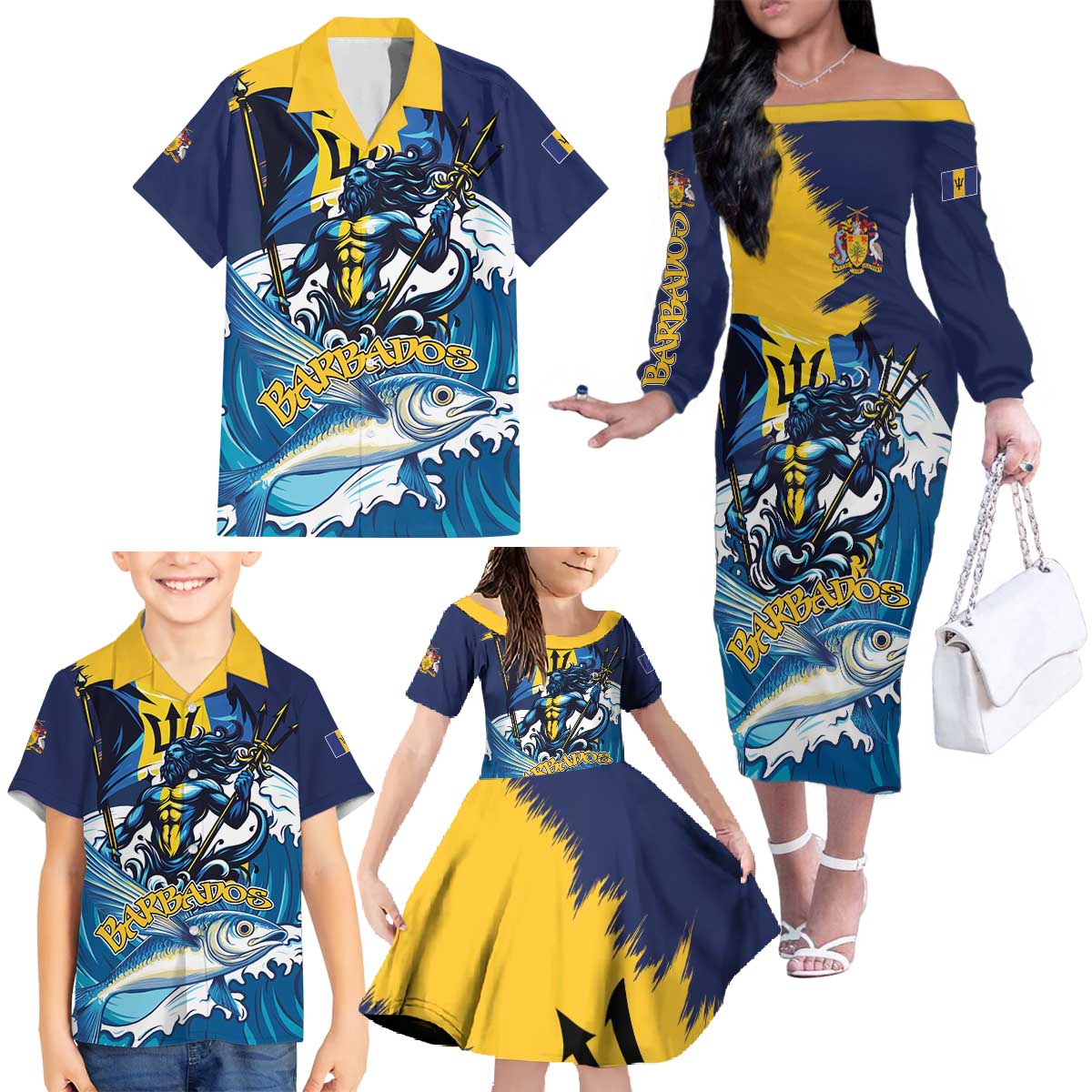 Personalized Barbados God Of The Sea Family Matching Off The Shoulder Long Sleeve Dress and Hawaiian Shirt Bajan Flying Fish Special Version - Wonder Print Shop