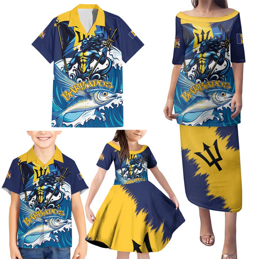 Personalized Barbados God Of The Sea Family Matching Puletasi and Hawaiian Shirt Bajan Flying Fish Special Version - Wonder Print Shop