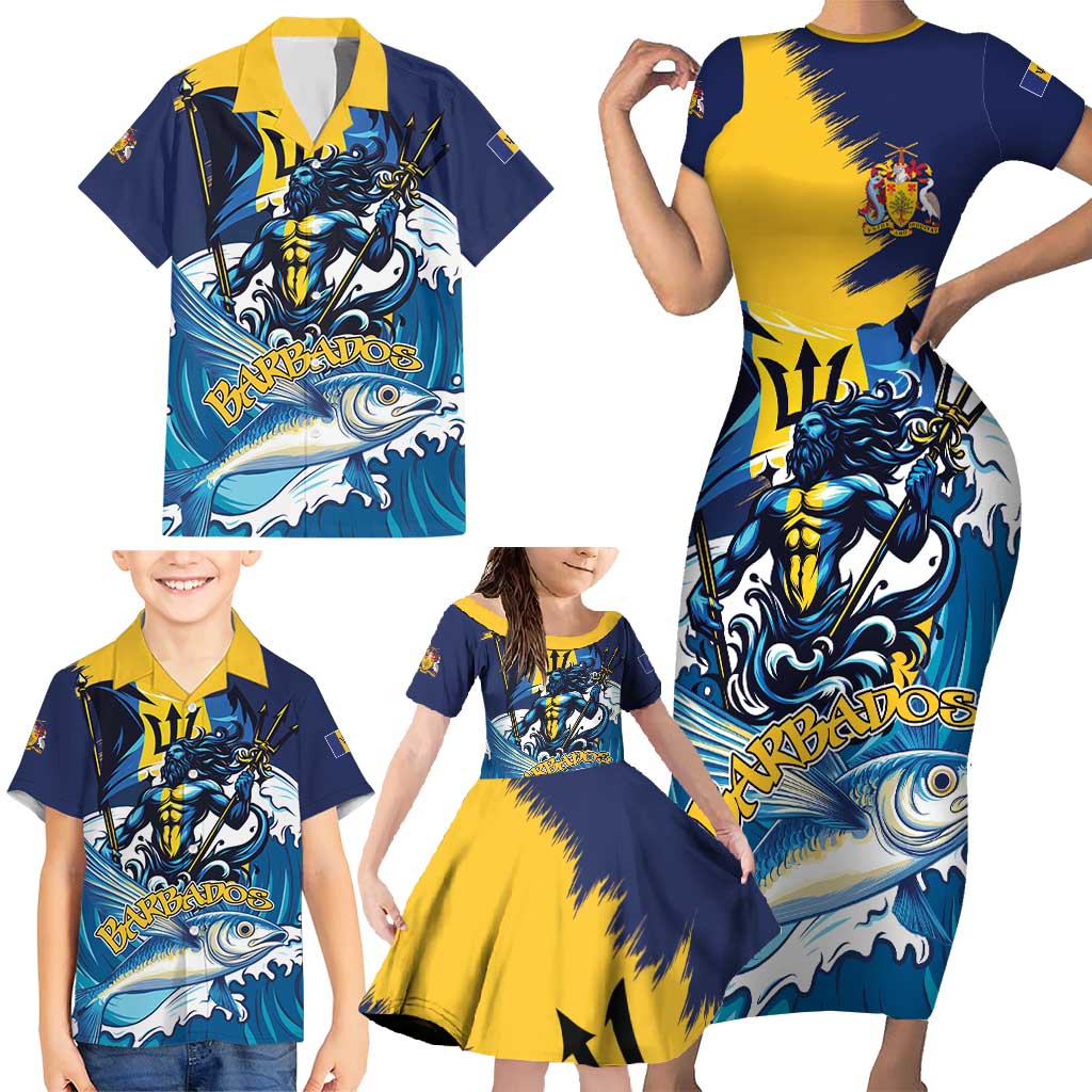 Personalized Barbados God Of The Sea Family Matching Short Sleeve Bodycon Dress and Hawaiian Shirt Bajan Flying Fish Special Version - Wonder Print Shop