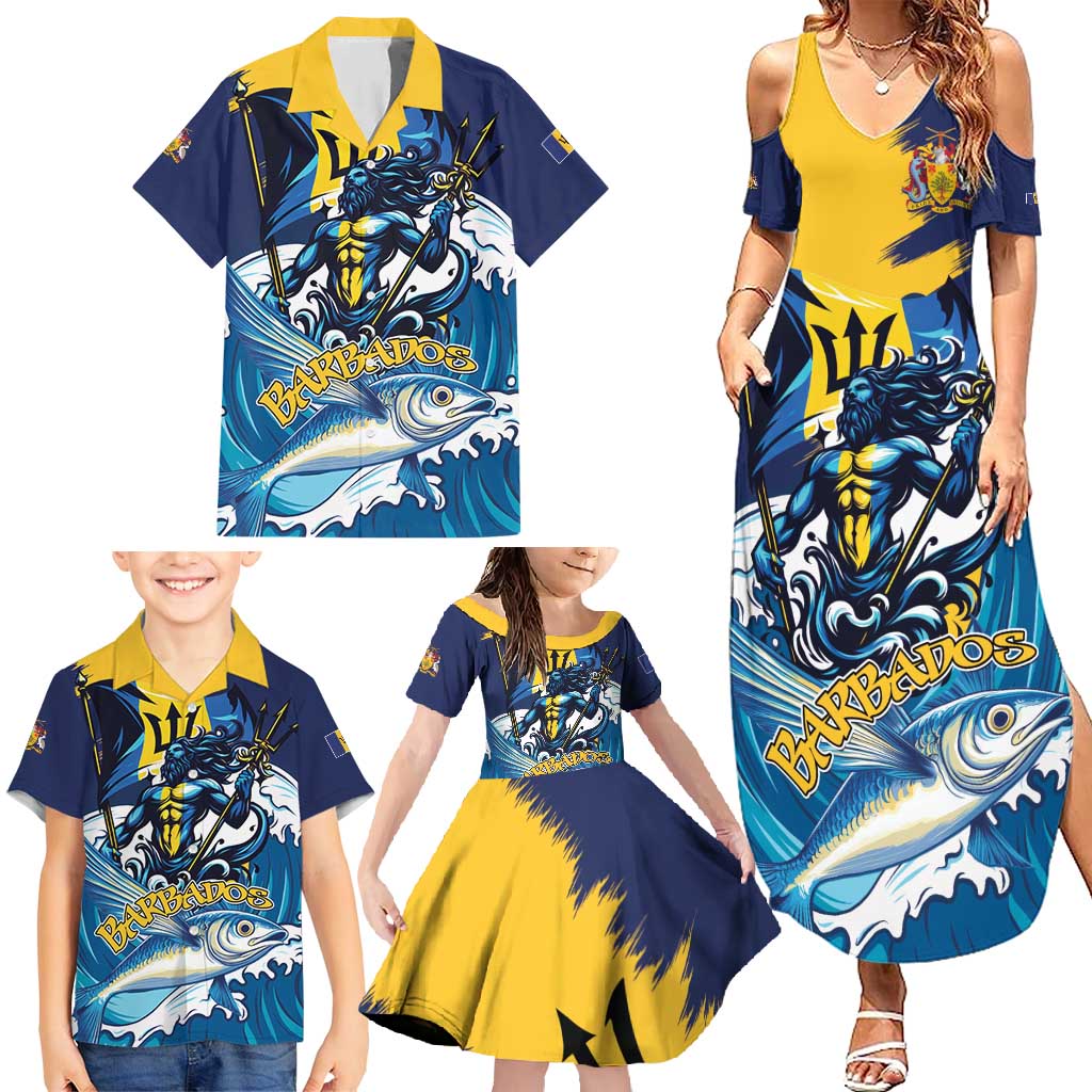 Personalized Barbados God Of The Sea Family Matching Summer Maxi Dress and Hawaiian Shirt Bajan Flying Fish Special Version - Wonder Print Shop