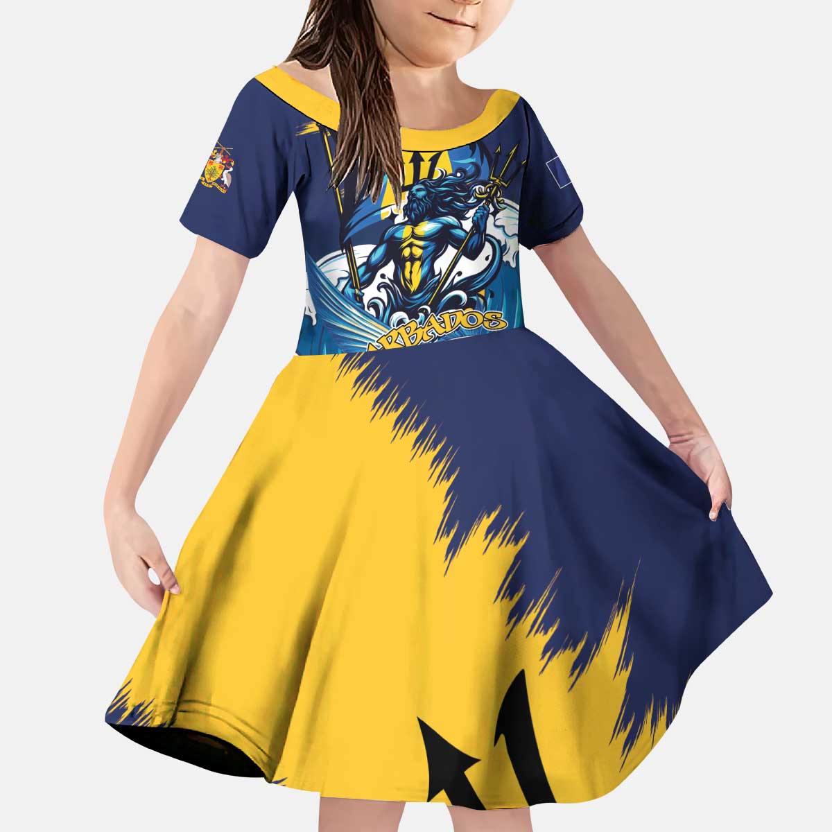 Personalized Barbados God Of The Sea Kid Short Sleeve Dress Bajan Flying Fish Special Version - Wonder Print Shop