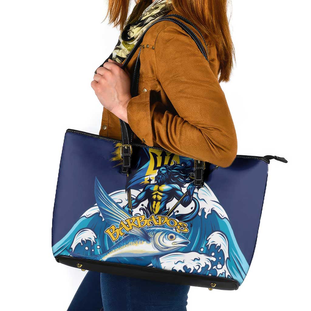 Barbados God Of The Sea Leather Tote Bag Bajan Flying Fish Special Version - Wonder Print Shop