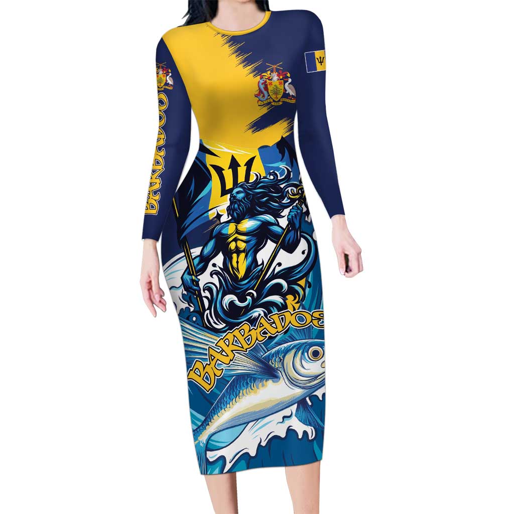 Personalized Barbados God Of The Sea Long Sleeve Bodycon Dress Bajan Flying Fish Special Version - Wonder Print Shop