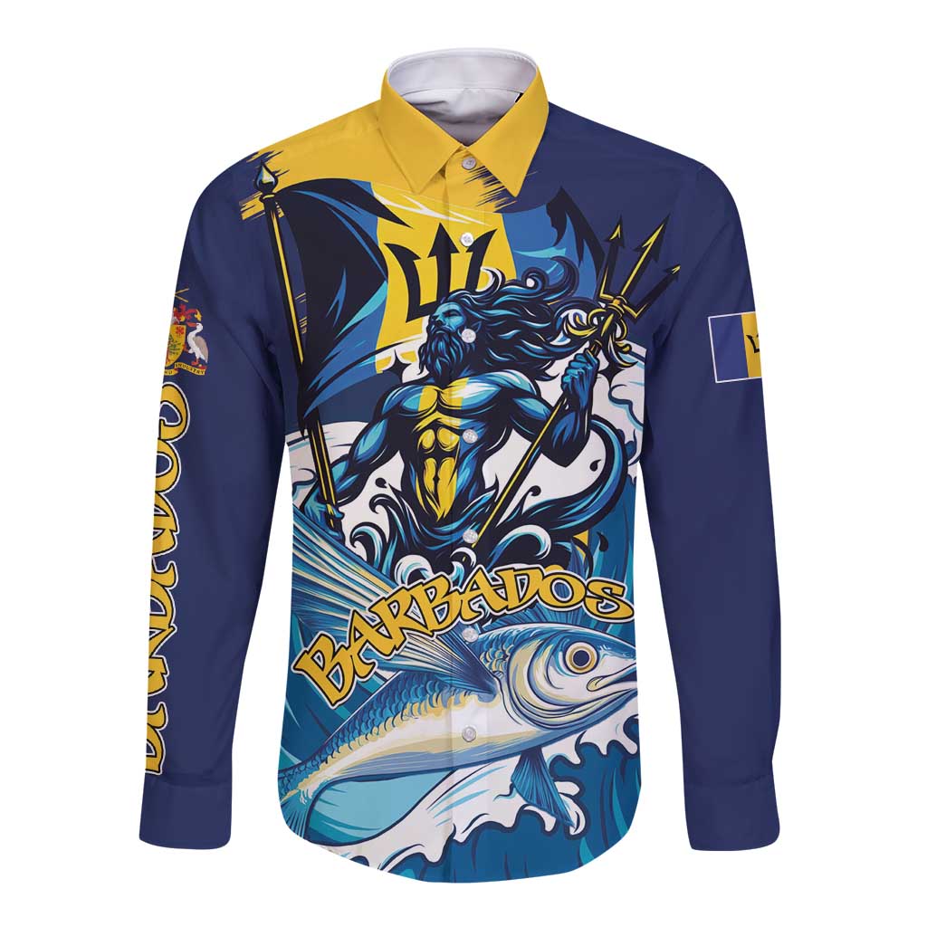 Blue long-sleeve button shirt with yellow collar and large fish graphic front