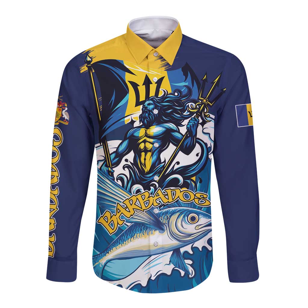 Personalized Barbados God Of The Sea Long Sleeve Button Shirt Bajan Flying Fish Special Version - Wonder Print Shop