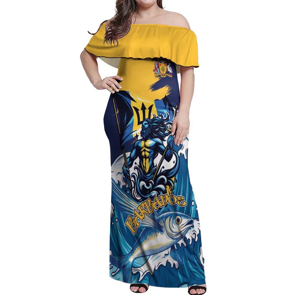 Personalized Barbados God Of The Sea Off Shoulder Maxi Dress Bajan Flying Fish Special Version - Wonder Print Shop