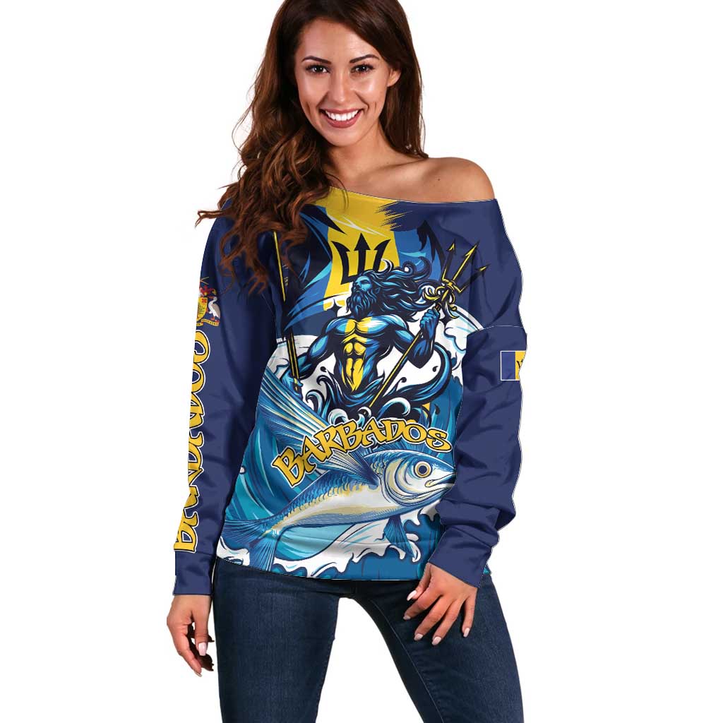 Personalized Barbados God Of The Sea Off Shoulder Sweater Bajan Flying Fish Special Version