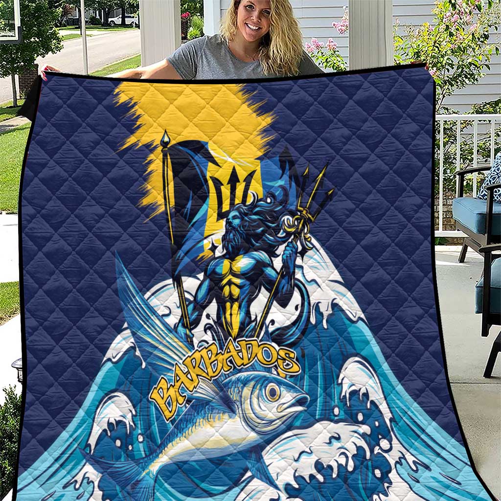 Blue quilt with flying fish and sea graphic, yellow lightning stripe, quilted diamond stitching
