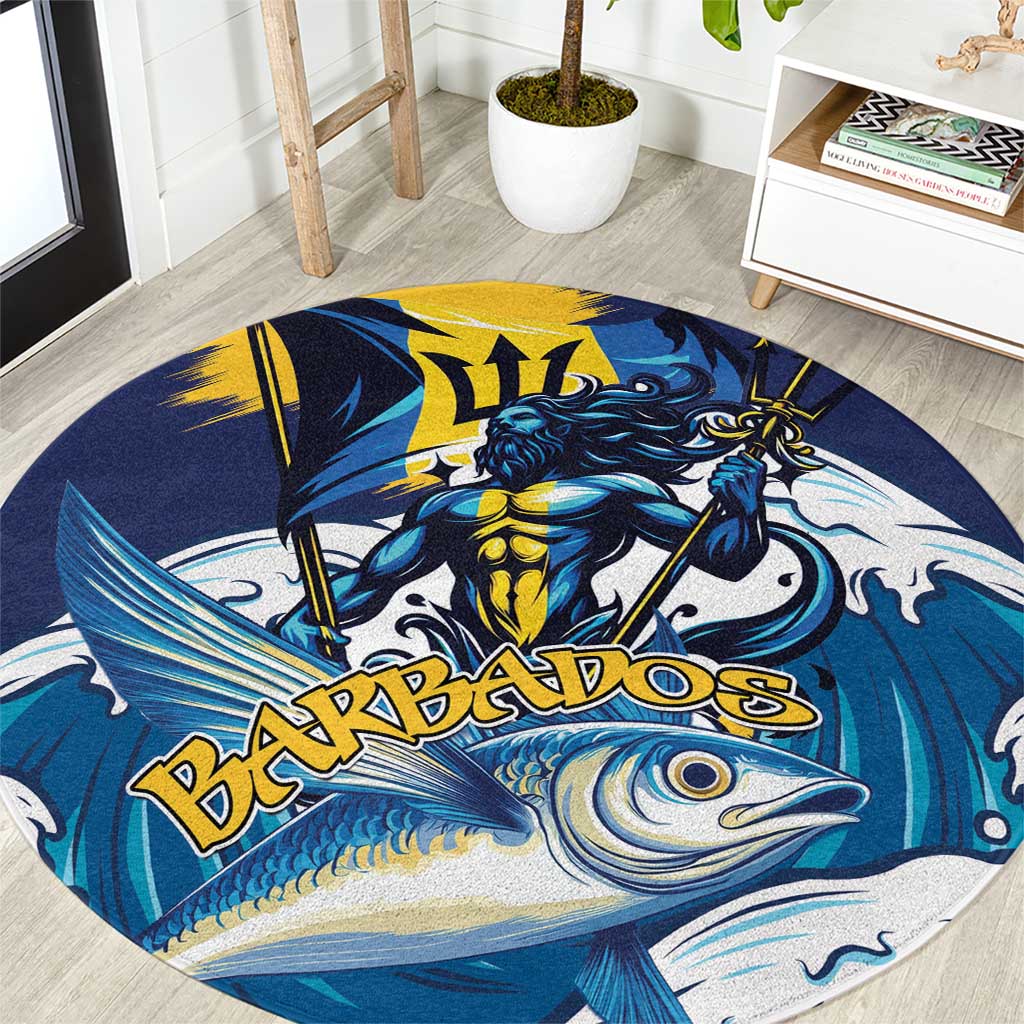 Blue round carpet with flying fish and sailor graphic, bold Barbados text