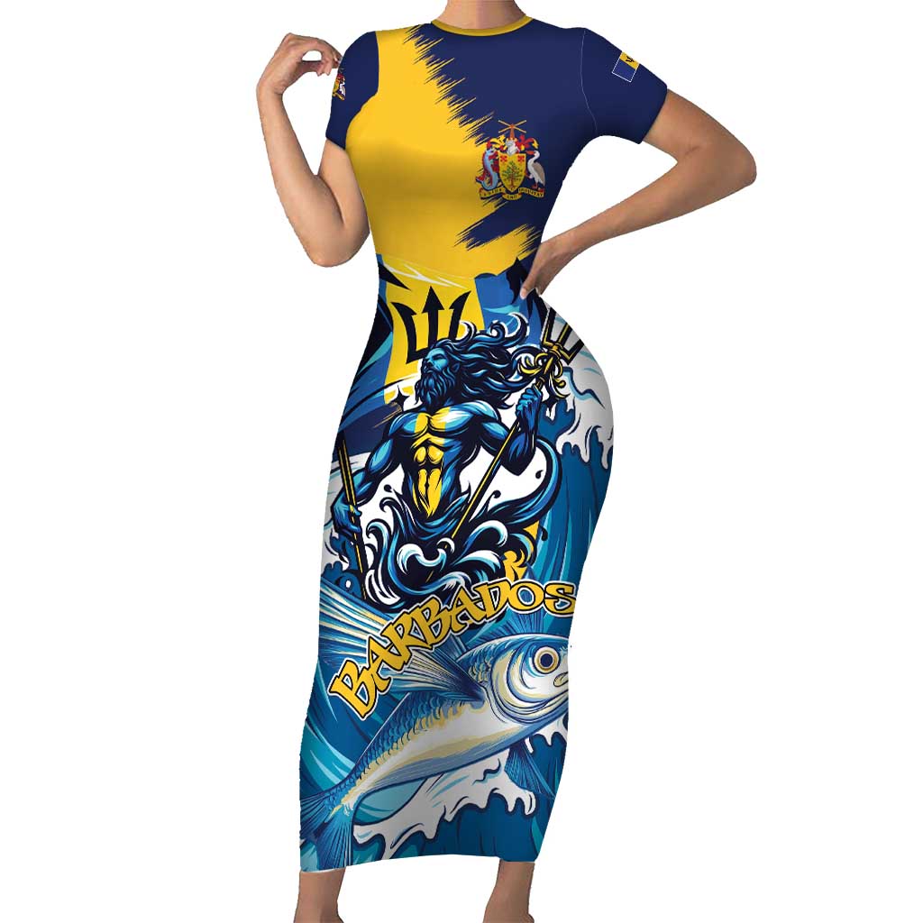 Personalized Barbados God Of The Sea Short Sleeve Bodycon Dress Bajan Flying Fish Special Version - Wonder Print Shop