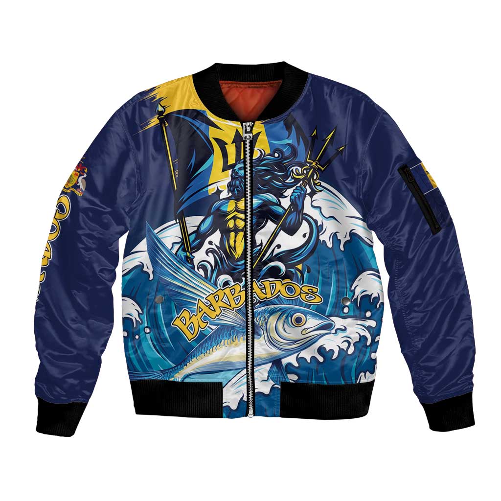 Personalized Barbados God Of The Sea Sleeve Zip Bomber Jacket Bajan Flying Fish Special Version - Wonder Print Shop