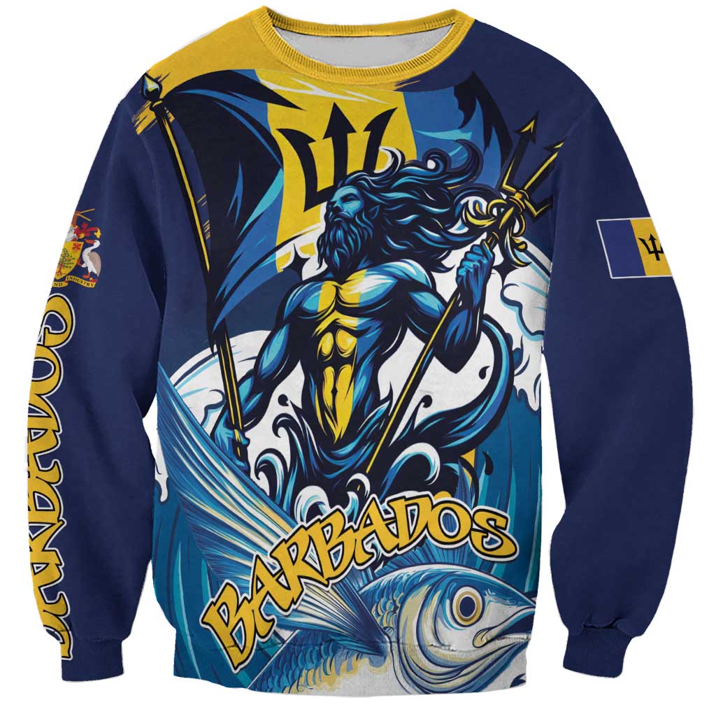 Unisex blue sweatshirt with yellow crew neck and large sea-themed dragon graphic