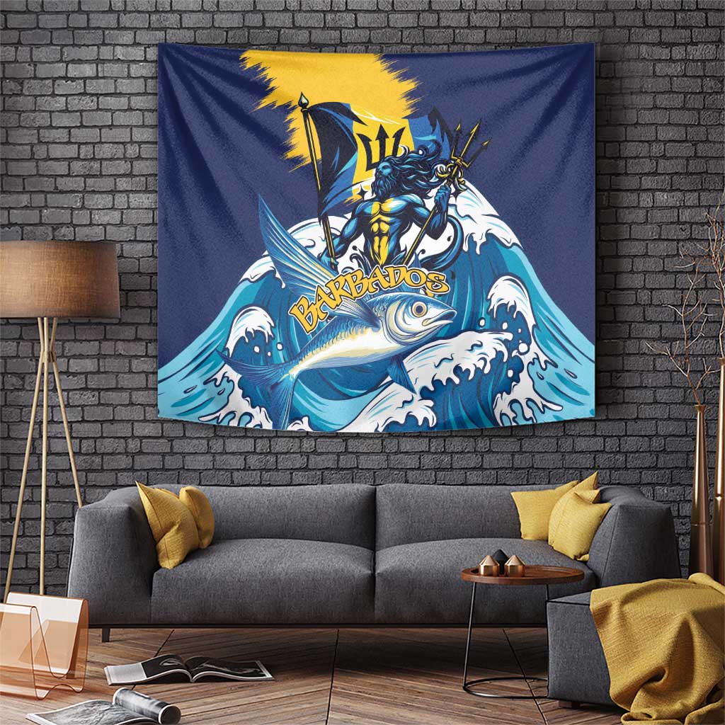 Blue wall tapestry with flying fish, ocean waves, and Barbados emblem design