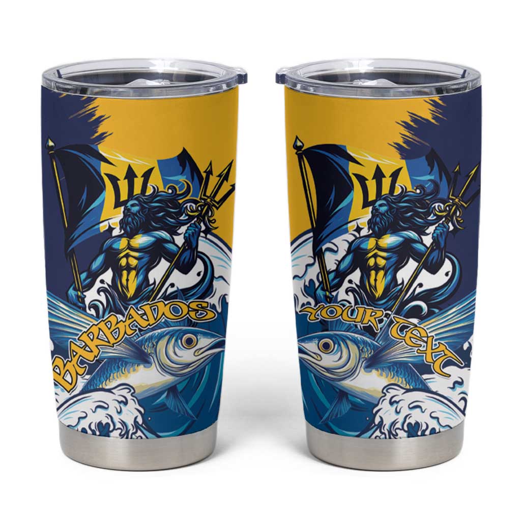 Blue tumbler cup with clear lid and Barbados sea guardian graphic with waves