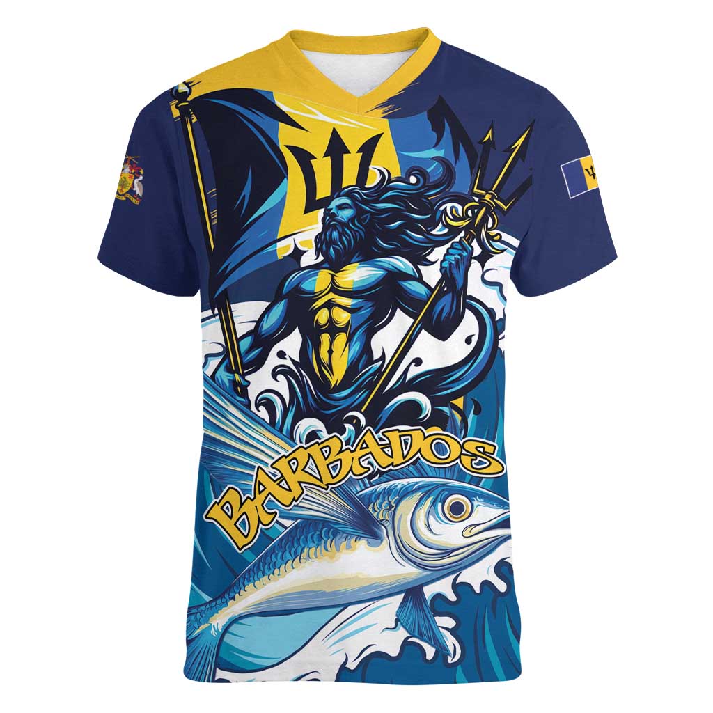 Personalized Barbados God Of The Sea Women V-Neck T-Shirt Bajan Flying Fish Special Version - Wonder Print Shop