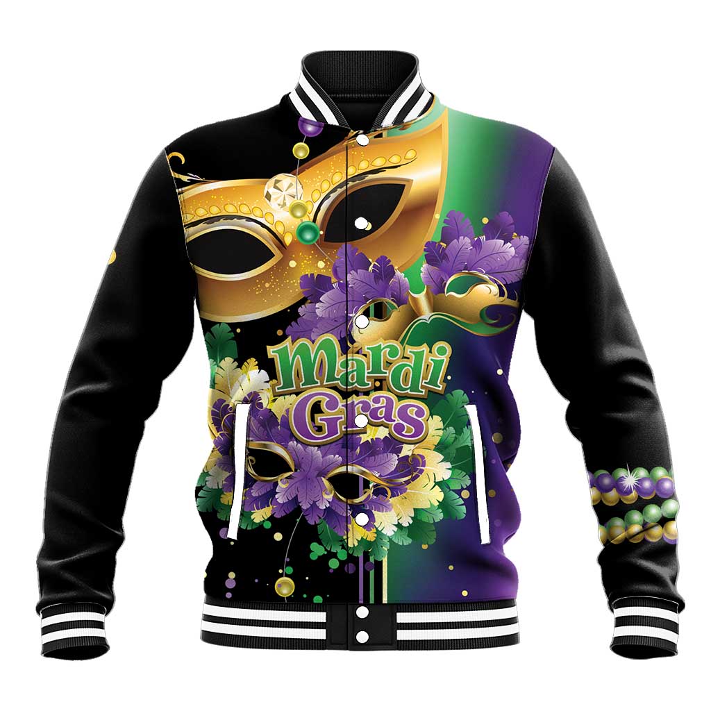 Black unisex baseball jacket with Mardi Gras mask, purple and gold feathers, button front