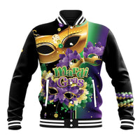 Black unisex baseball jacket with Mardi Gras mask, purple and gold feathers, button front